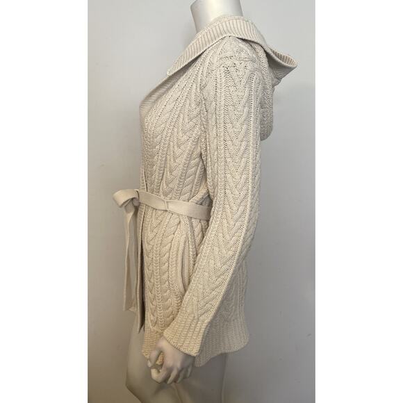 LL Bean Ivory Cotton Belted Cardigan Womens M LS Pockets Hood - Picture 6 of 9